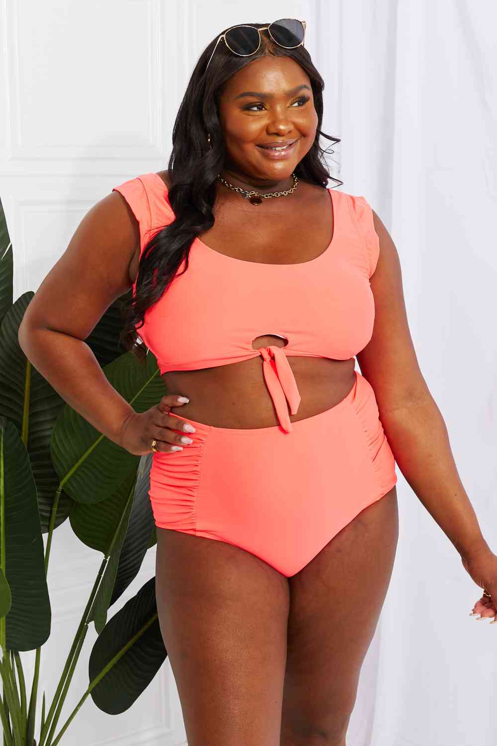 Crop Swim Top and Ruched Bottoms Set in Coral