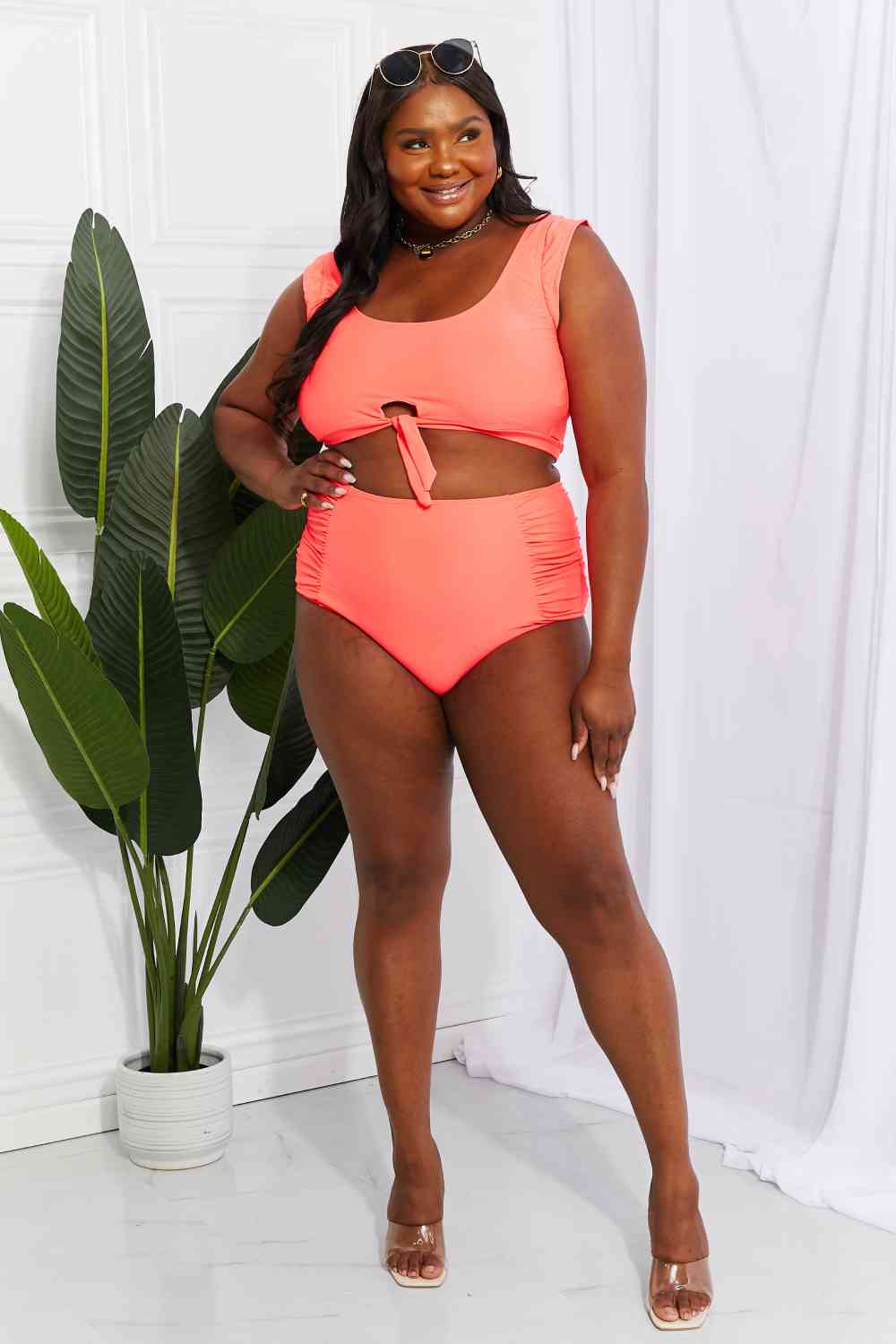 Crop Swim Top and Ruched Bottoms Set in Coral