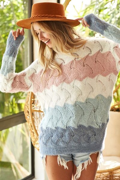 Color Block Openwork Long Sleeve Sweater