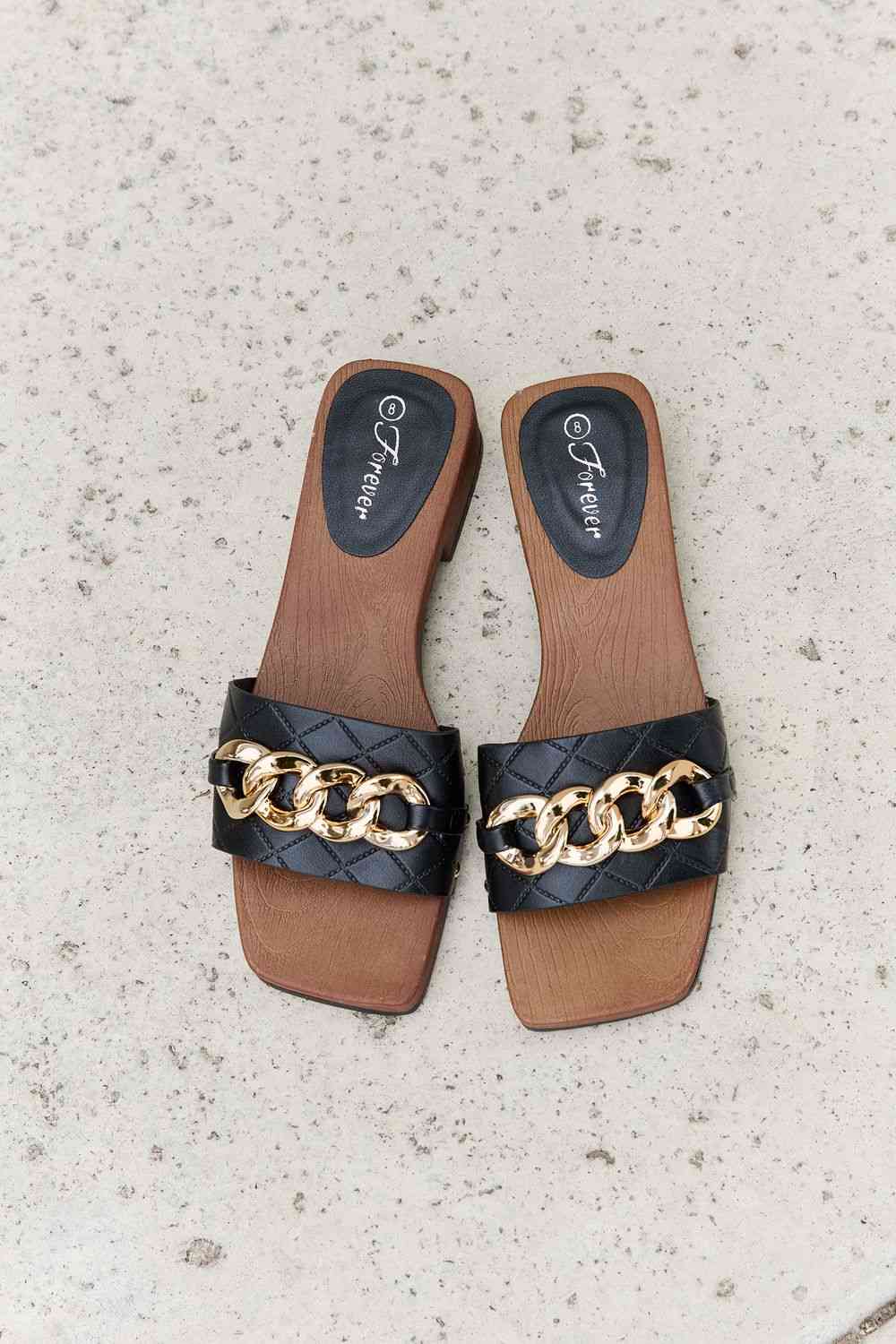 Square Toe Chain Detail Clog Sandal in Black