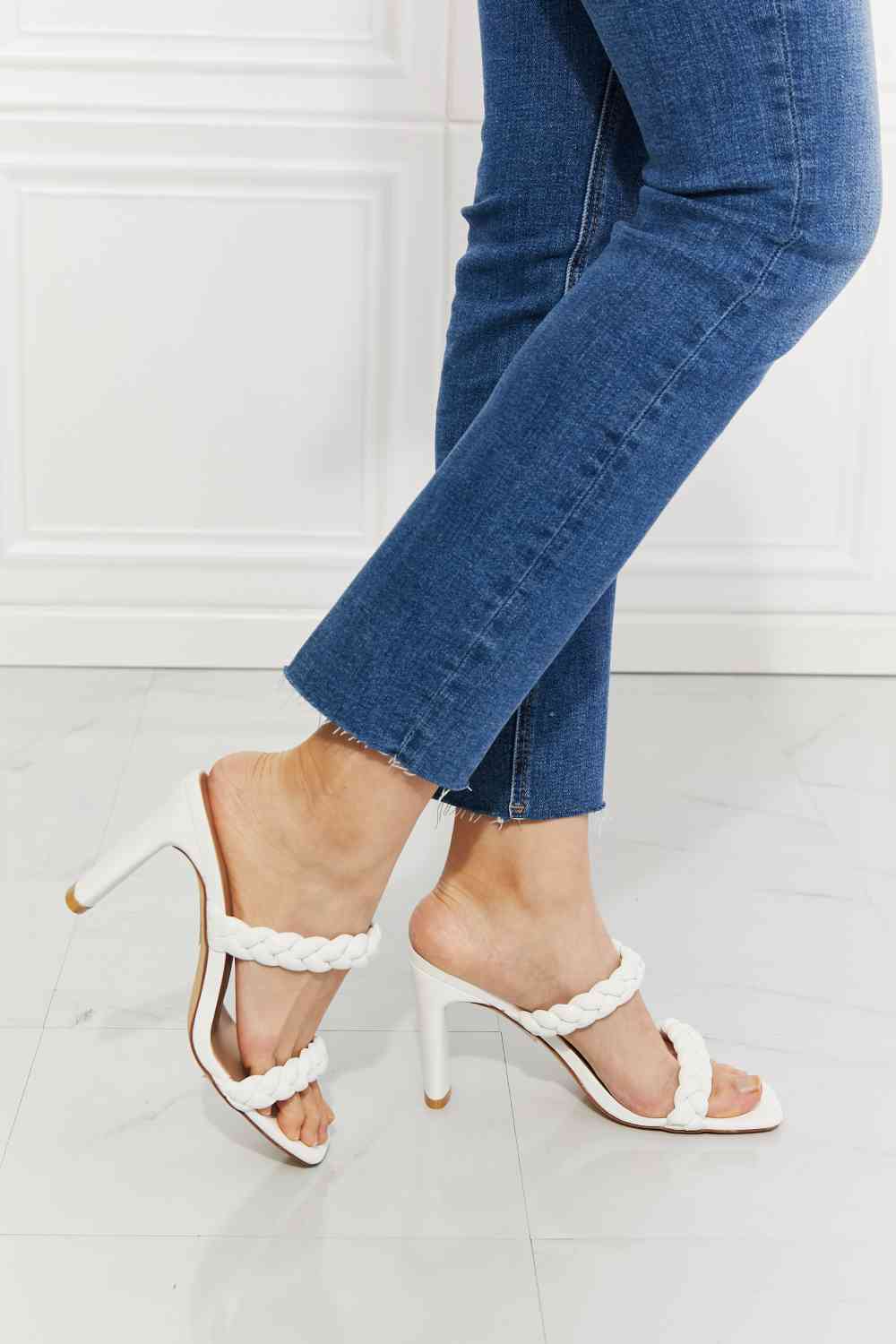 Double Braided Block Heel Sandal in White