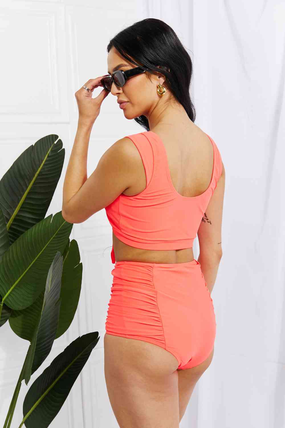 Crop Swim Top and Ruched Bottoms Set in Coral