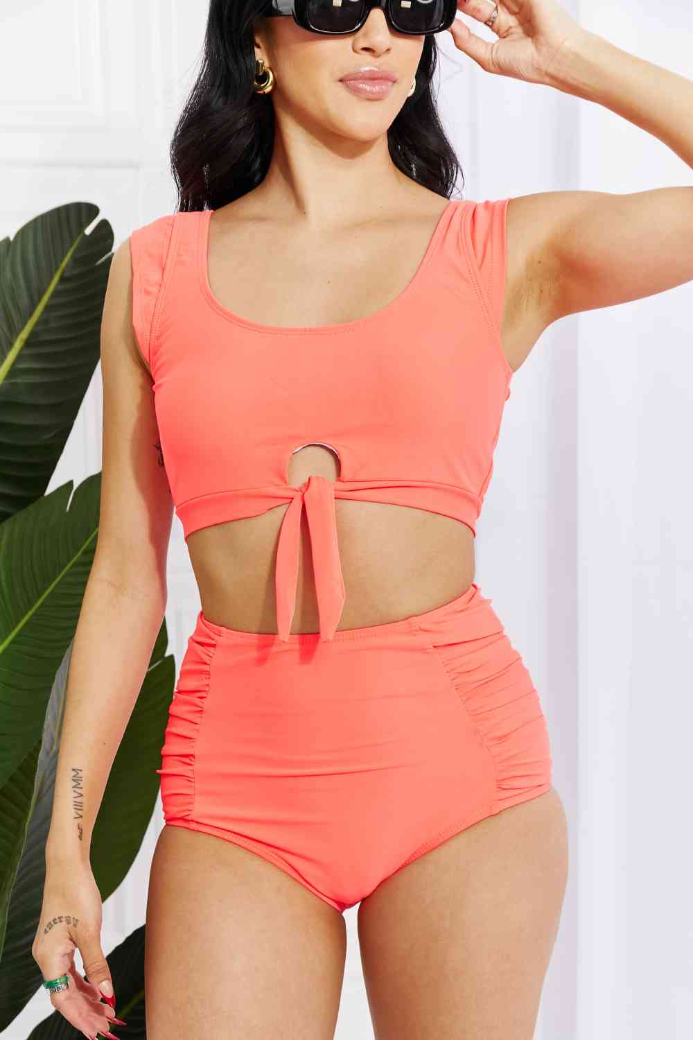 Crop Swim Top and Ruched Bottoms Set in Coral