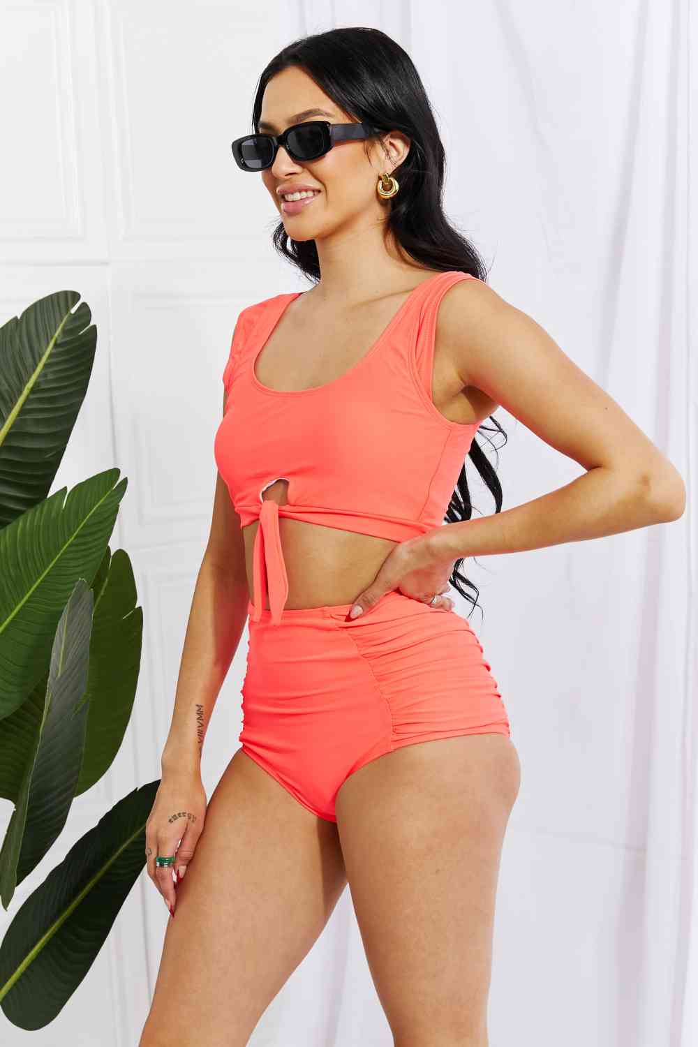 Crop Swim Top and Ruched Bottoms Set in Coral