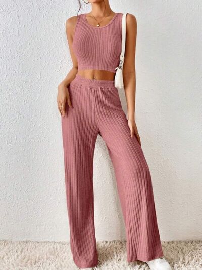 Ribbed Round Neck Tank and Pants Sweater Set