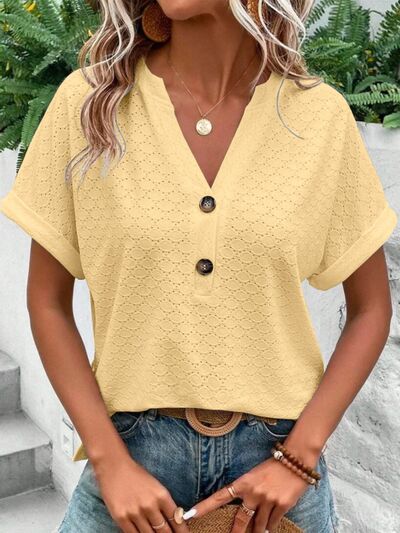 Eyelet Notched Short Sleeve Blouse