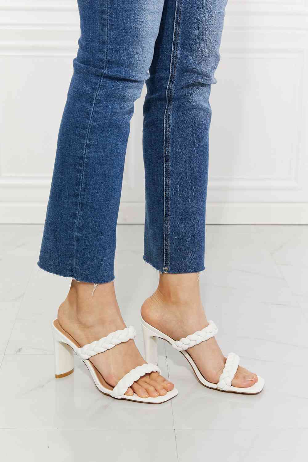 Double Braided Block Heel Sandal in White