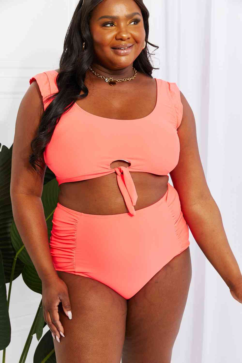 Crop Swim Top and Ruched Bottoms Set in Coral