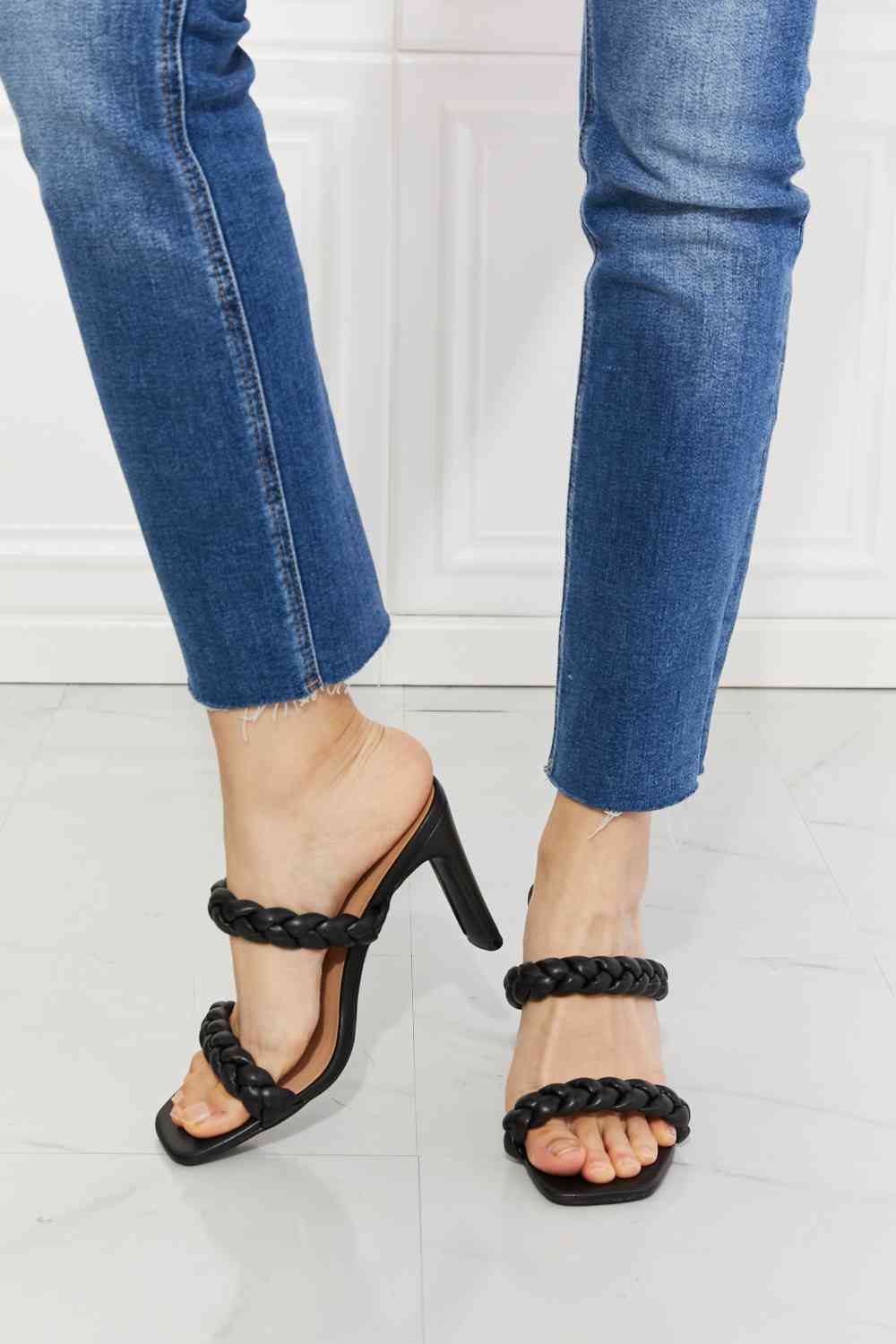 Braided Block Heel Sandal in Black