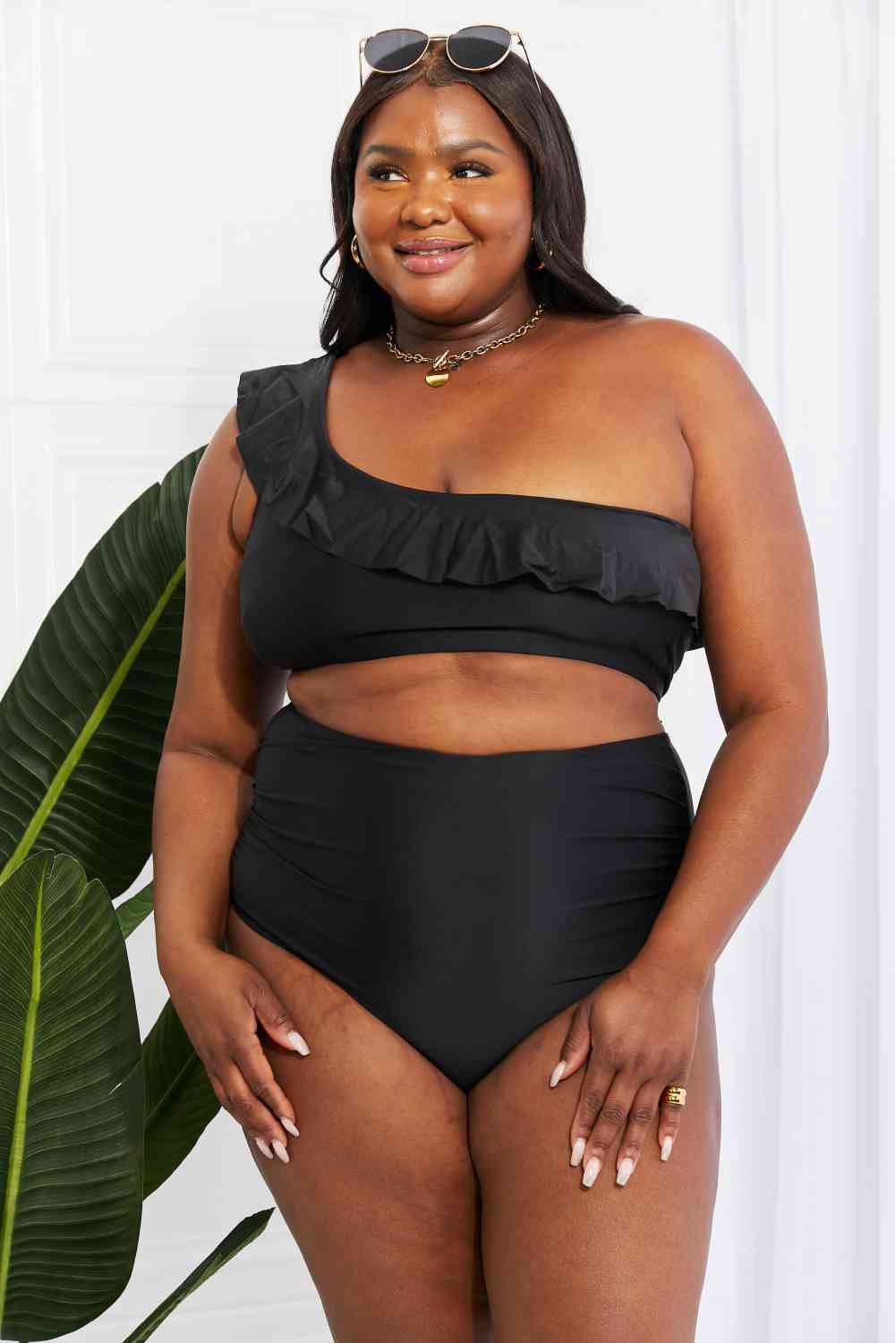 Romance Ruffle One-Shoulder Bikini in Black