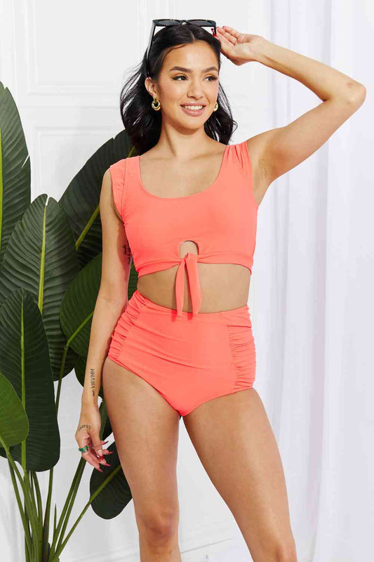 Crop Swim Top and Ruched Bottoms Set in Coral